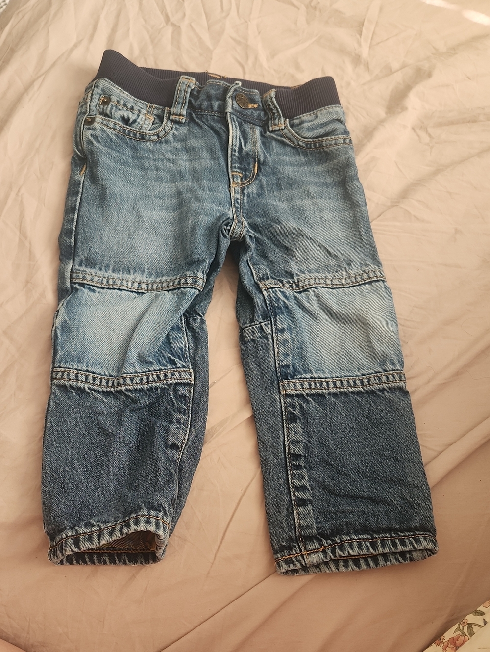 GAP Baby Light Blue Denim Jeans with Navy Knit Waistband and Plaid Cuffs